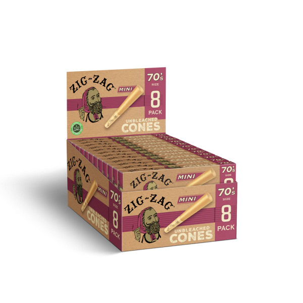 Zig Zag Mini Unbleached Cones 70mm - 8 Cones Per Pack - 18 Packs Per Display